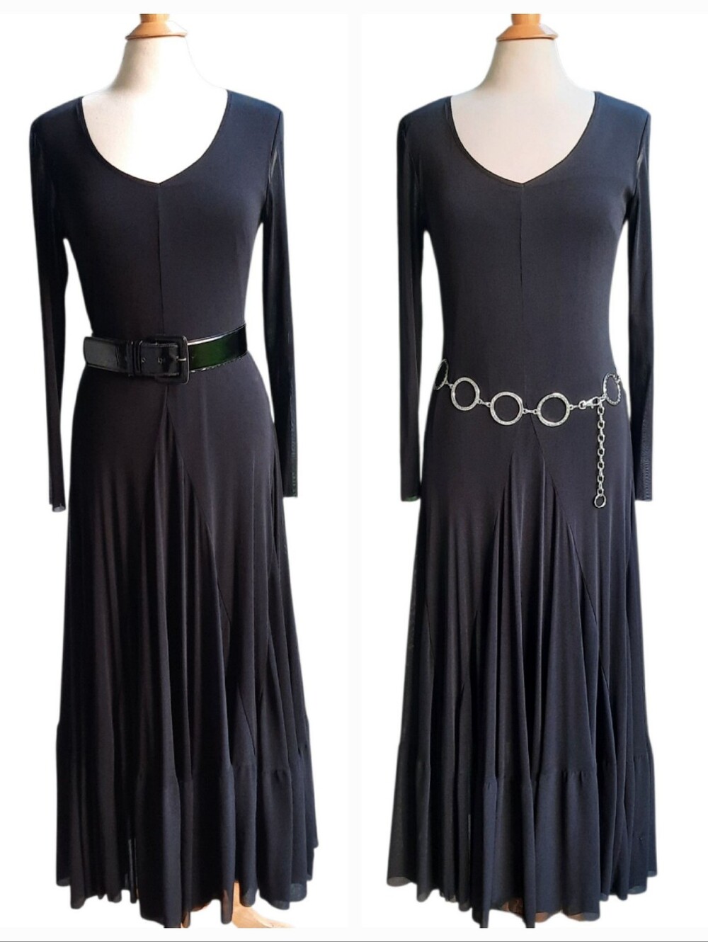 Y2k Black Mesh Maxi Dress Long Sleeve V-Neck Fit & Flare Whimsigoth Witchy Sz 12